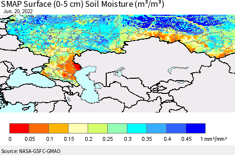 Russian Federation SMAP Surface (0-5 cm) Soil Moisture (m³/m³) Thematic Map For 6/16/2022 - 6/20/2022