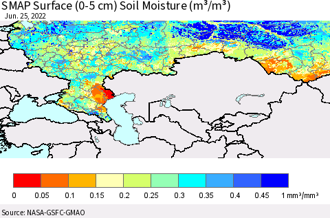 Russian Federation SMAP Surface (0-5 cm) Soil Moisture (m³/m³) Thematic Map For 6/21/2022 - 6/25/2022