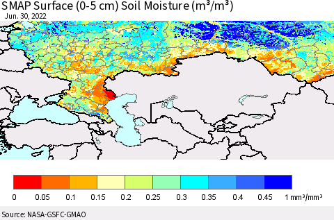 Russian Federation SMAP Surface (0-5 cm) Soil Moisture (m³/m³) Thematic Map For 6/26/2022 - 6/30/2022