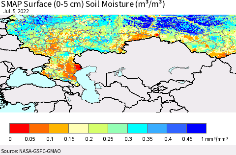 Russian Federation SMAP Surface (0-5 cm) Soil Moisture (m³/m³) Thematic Map For 7/1/2022 - 7/5/2022