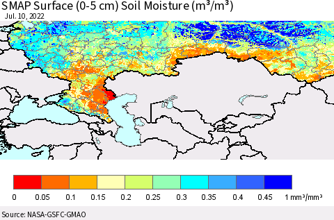 Russian Federation SMAP Surface (0-5 cm) Soil Moisture (m³/m³) Thematic Map For 7/6/2022 - 7/10/2022