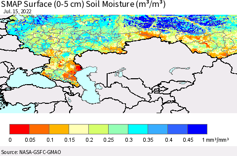 Russian Federation SMAP Surface (0-5 cm) Soil Moisture (m³/m³) Thematic Map For 7/11/2022 - 7/15/2022