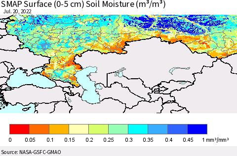Russian Federation SMAP Surface (0-5 cm) Soil Moisture (m³/m³) Thematic Map For 7/16/2022 - 7/20/2022