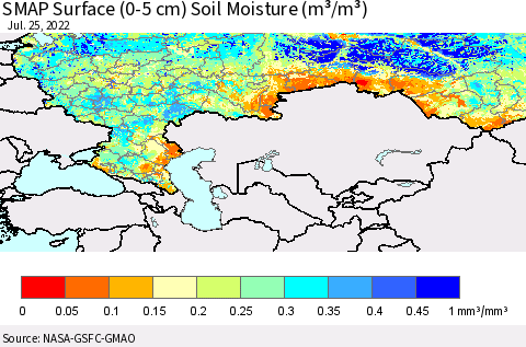 Russian Federation SMAP Surface (0-5 cm) Soil Moisture (m³/m³) Thematic Map For 7/21/2022 - 7/25/2022