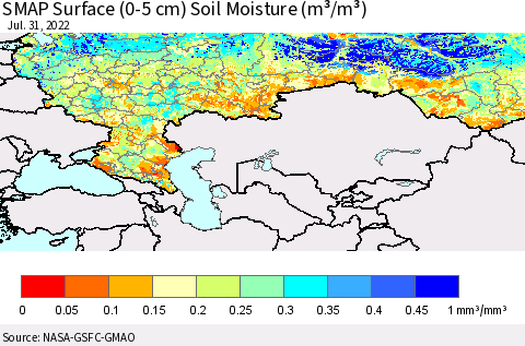Russian Federation SMAP Surface (0-5 cm) Soil Moisture (m³/m³) Thematic Map For 7/26/2022 - 7/31/2022