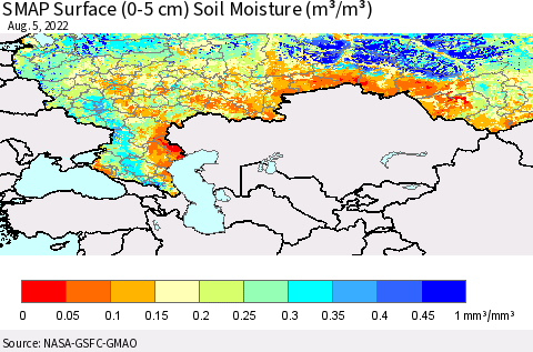 Russian Federation SMAP Surface (0-5 cm) Soil Moisture (m³/m³) Thematic Map For 8/1/2022 - 8/5/2022