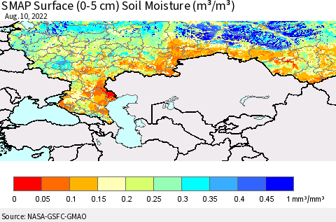 Russian Federation SMAP Surface (0-5 cm) Soil Moisture (m³/m³) Thematic Map For 8/6/2022 - 8/10/2022