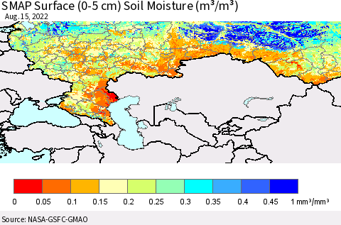 Russian Federation SMAP Surface (0-5 cm) Soil Moisture (m³/m³) Thematic Map For 8/11/2022 - 8/15/2022