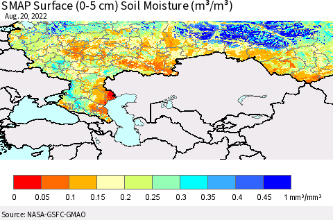 Russian Federation SMAP Surface (0-5 cm) Soil Moisture (m³/m³) Thematic Map For 8/16/2022 - 8/20/2022