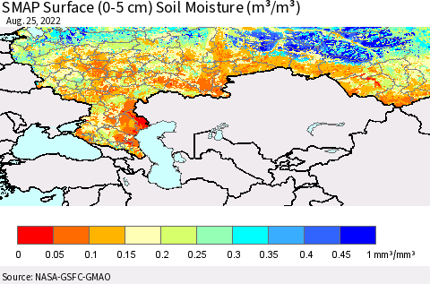 Russian Federation SMAP Surface (0-5 cm) Soil Moisture (m³/m³) Thematic Map For 8/21/2022 - 8/25/2022