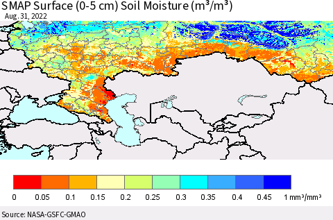 Russian Federation SMAP Surface (0-5 cm) Soil Moisture (m³/m³) Thematic Map For 8/26/2022 - 8/31/2022