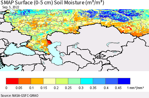 Russian Federation SMAP Surface (0-5 cm) Soil Moisture (m³/m³) Thematic Map For 9/1/2022 - 9/5/2022