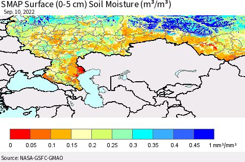 Russian Federation SMAP Surface (0-5 cm) Soil Moisture (m³/m³) Thematic Map For 9/6/2022 - 9/10/2022