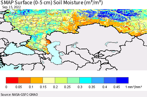 Russian Federation SMAP Surface (0-5 cm) Soil Moisture (m³/m³) Thematic Map For 9/11/2022 - 9/15/2022