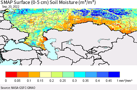 Russian Federation SMAP Surface (0-5 cm) Soil Moisture (m³/m³) Thematic Map For 9/16/2022 - 9/20/2022