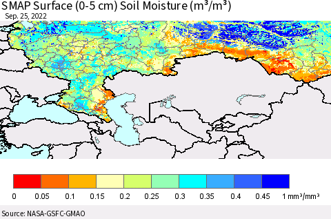 Russian Federation SMAP Surface (0-5 cm) Soil Moisture (m³/m³) Thematic Map For 9/21/2022 - 9/25/2022