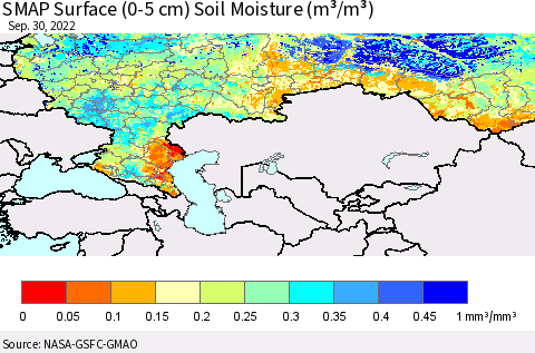 Russian Federation SMAP Surface (0-5 cm) Soil Moisture (m³/m³) Thematic Map For 9/26/2022 - 9/30/2022