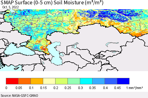 Russian Federation SMAP Surface (0-5 cm) Soil Moisture (m³/m³) Thematic Map For 10/1/2022 - 10/5/2022