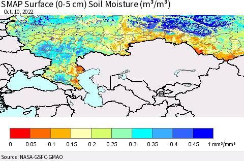 Russian Federation SMAP Surface (0-5 cm) Soil Moisture (m³/m³) Thematic Map For 10/6/2022 - 10/10/2022