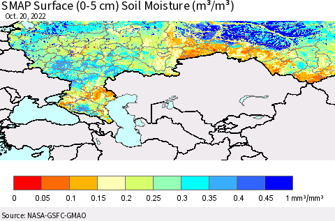 Russian Federation SMAP Surface (0-5 cm) Soil Moisture (m³/m³) Thematic Map For 10/16/2022 - 10/20/2022