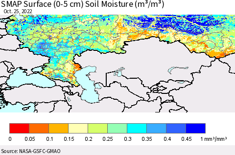 Russian Federation SMAP Surface (0-5 cm) Soil Moisture (m³/m³) Thematic Map For 10/21/2022 - 10/25/2022