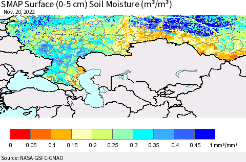 Russian Federation SMAP Surface (0-5 cm) Soil Moisture (m³/m³) Thematic Map For 11/16/2022 - 11/20/2022