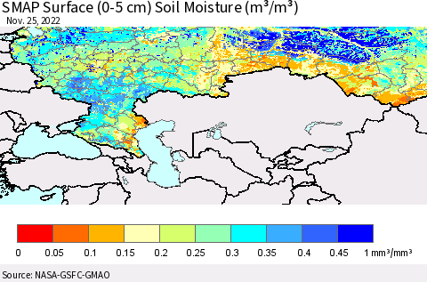 Russian Federation SMAP Surface (0-5 cm) Soil Moisture (m³/m³) Thematic Map For 11/21/2022 - 11/25/2022