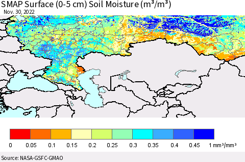Russian Federation SMAP Surface (0-5 cm) Soil Moisture (m³/m³) Thematic Map For 11/26/2022 - 11/30/2022