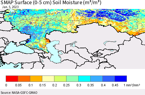 Russian Federation SMAP Surface (0-5 cm) Soil Moisture (m³/m³) Thematic Map For 1/1/2023 - 1/5/2023