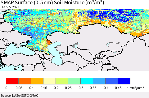 Russian Federation SMAP Surface (0-5 cm) Soil Moisture (m³/m³) Thematic Map For 2/1/2023 - 2/5/2023
