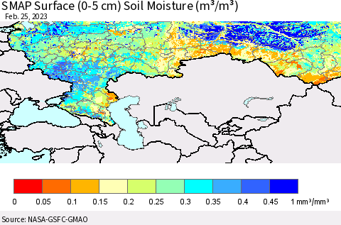 Russian Federation SMAP Surface (0-5 cm) Soil Moisture (m³/m³) Thematic Map For 2/21/2023 - 2/25/2023