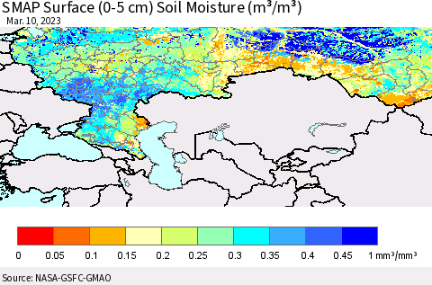 Russian Federation SMAP Surface (0-5 cm) Soil Moisture (m³/m³) Thematic Map For 3/6/2023 - 3/10/2023