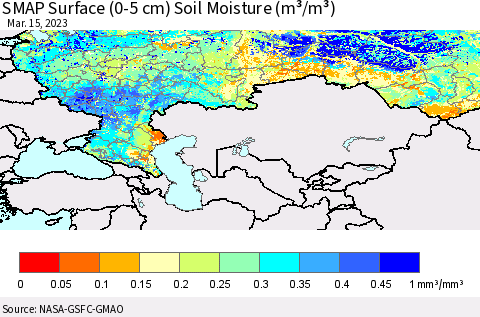 Russian Federation SMAP Surface (0-5 cm) Soil Moisture (m³/m³) Thematic Map For 3/11/2023 - 3/15/2023