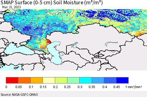 Russian Federation SMAP Surface (0-5 cm) Soil Moisture (m³/m³) Thematic Map For 3/26/2023 - 3/31/2023