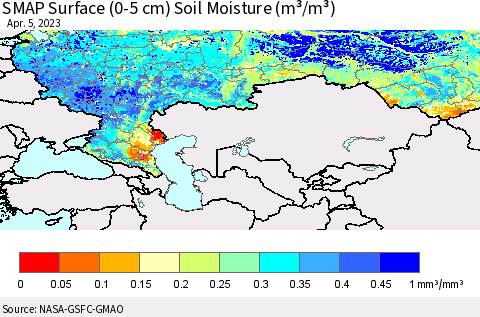 Russian Federation SMAP Surface (0-5 cm) Soil Moisture (m³/m³) Thematic Map For 4/1/2023 - 4/5/2023