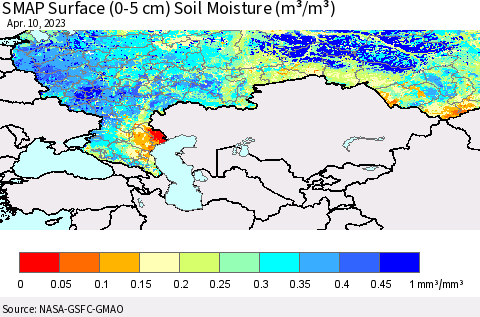 Russian Federation SMAP Surface (0-5 cm) Soil Moisture (m³/m³) Thematic Map For 4/6/2023 - 4/10/2023