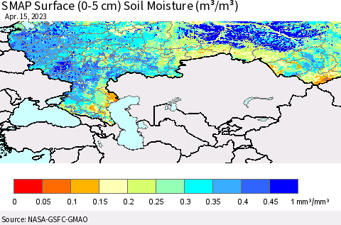 Russian Federation SMAP Surface (0-5 cm) Soil Moisture (m³/m³) Thematic Map For 4/11/2023 - 4/15/2023
