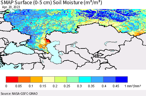 Russian Federation SMAP Surface (0-5 cm) Soil Moisture (m³/m³) Thematic Map For 4/16/2023 - 4/20/2023