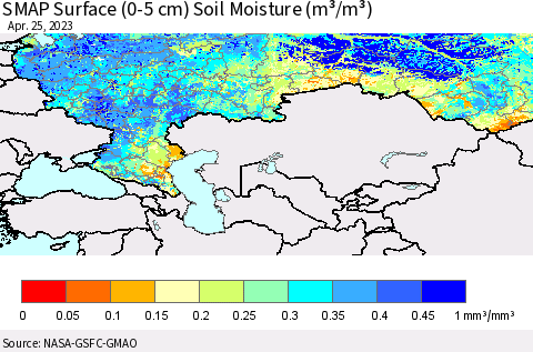 Russian Federation SMAP Surface (0-5 cm) Soil Moisture (m³/m³) Thematic Map For 4/21/2023 - 4/25/2023