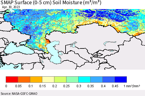 Russian Federation SMAP Surface (0-5 cm) Soil Moisture (m³/m³) Thematic Map For 4/26/2023 - 4/30/2023