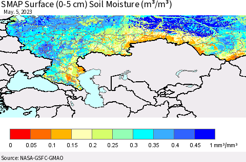 Russian Federation SMAP Surface (0-5 cm) Soil Moisture (m³/m³) Thematic Map For 5/1/2023 - 5/5/2023