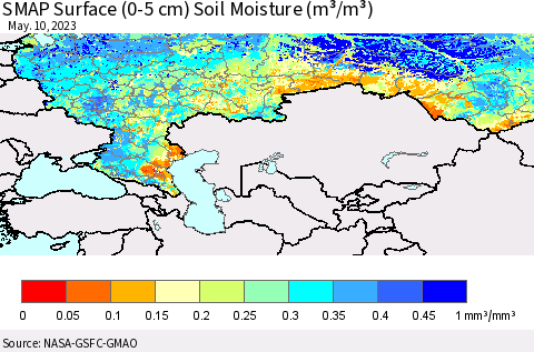 Russian Federation SMAP Surface (0-5 cm) Soil Moisture (m³/m³) Thematic Map For 5/6/2023 - 5/10/2023