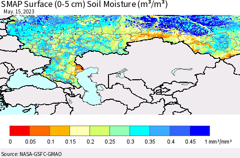 Russian Federation SMAP Surface (0-5 cm) Soil Moisture (m³/m³) Thematic Map For 5/11/2023 - 5/15/2023