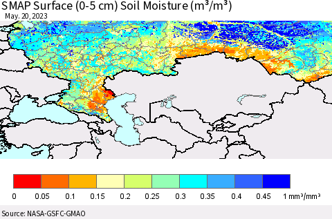 Russian Federation SMAP Surface (0-5 cm) Soil Moisture (m³/m³) Thematic Map For 5/16/2023 - 5/20/2023