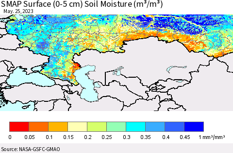 Russian Federation SMAP Surface (0-5 cm) Soil Moisture (m³/m³) Thematic Map For 5/21/2023 - 5/25/2023