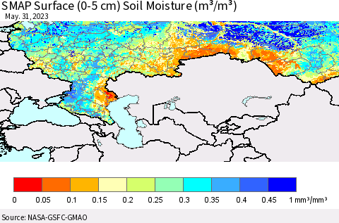 Russian Federation SMAP Surface (0-5 cm) Soil Moisture (m³/m³) Thematic Map For 5/26/2023 - 5/31/2023