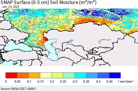 Russian Federation SMAP Surface (0-5 cm) Soil Moisture (m³/m³) Thematic Map For 6/6/2023 - 6/10/2023