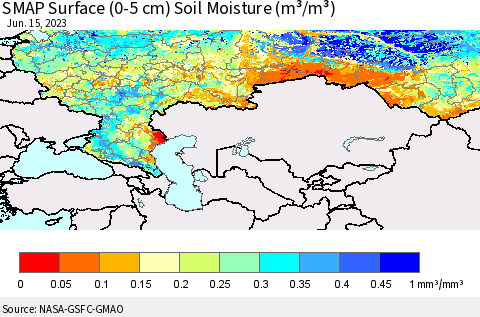 Russian Federation SMAP Surface (0-5 cm) Soil Moisture (m³/m³) Thematic Map For 6/11/2023 - 6/15/2023