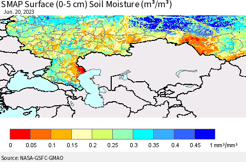 Russian Federation SMAP Surface (0-5 cm) Soil Moisture (m³/m³) Thematic Map For 6/16/2023 - 6/20/2023