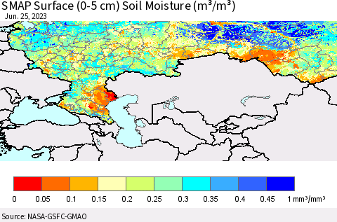 Russian Federation SMAP Surface (0-5 cm) Soil Moisture (m³/m³) Thematic Map For 6/21/2023 - 6/25/2023
